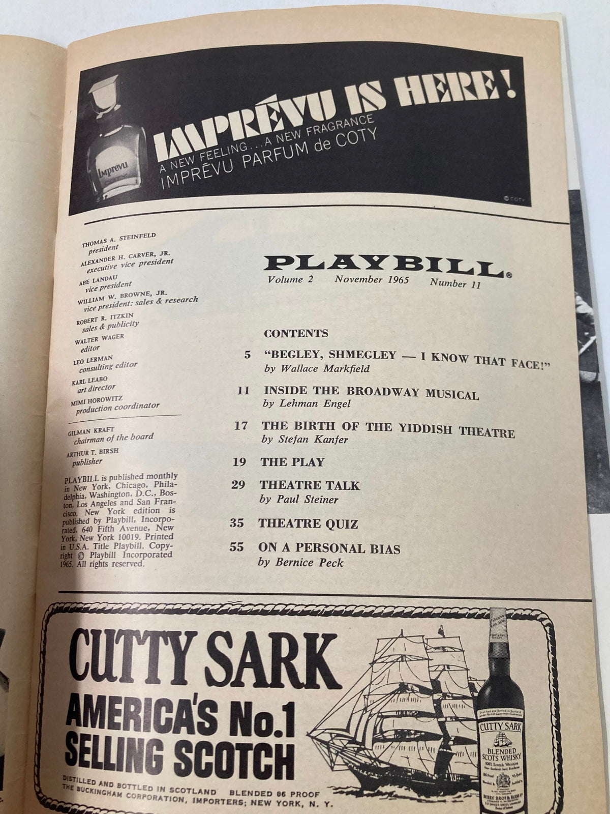 Interior page of the 1965 Playbill for Barefoot in the Park, including contents and advertisements, illustrating vintage theatre memorabilia.