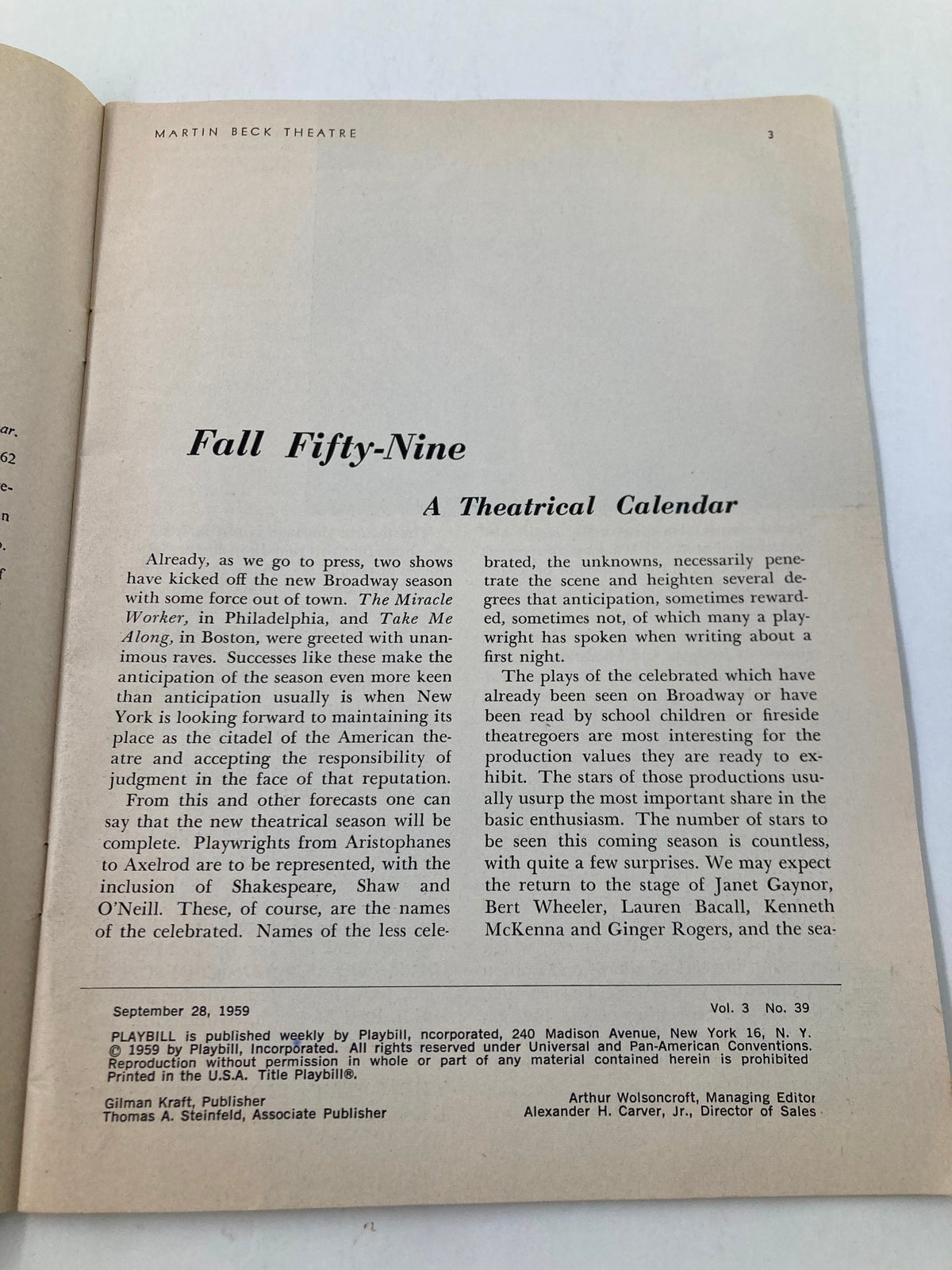Page from the 1959 Playbill for Sweet Bird of Youth showcasing the Theatrical Calendar for Fall Fifty-Nine at Martin Beck Theatre.