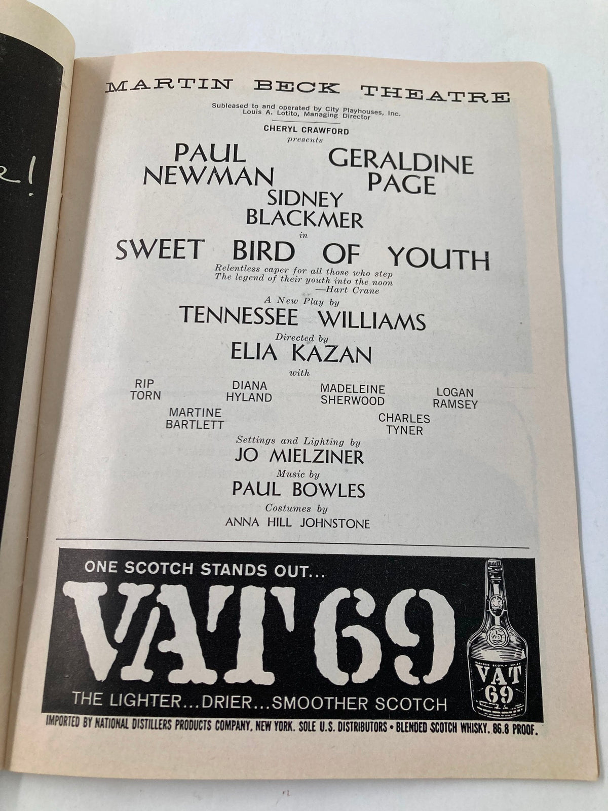 Page from the 1959 Playbill for Sweet Bird of Youth listing cast members including Sidney Blackmer, Paul Newman, and Geradine Page, under the direction of Elia Kazan.