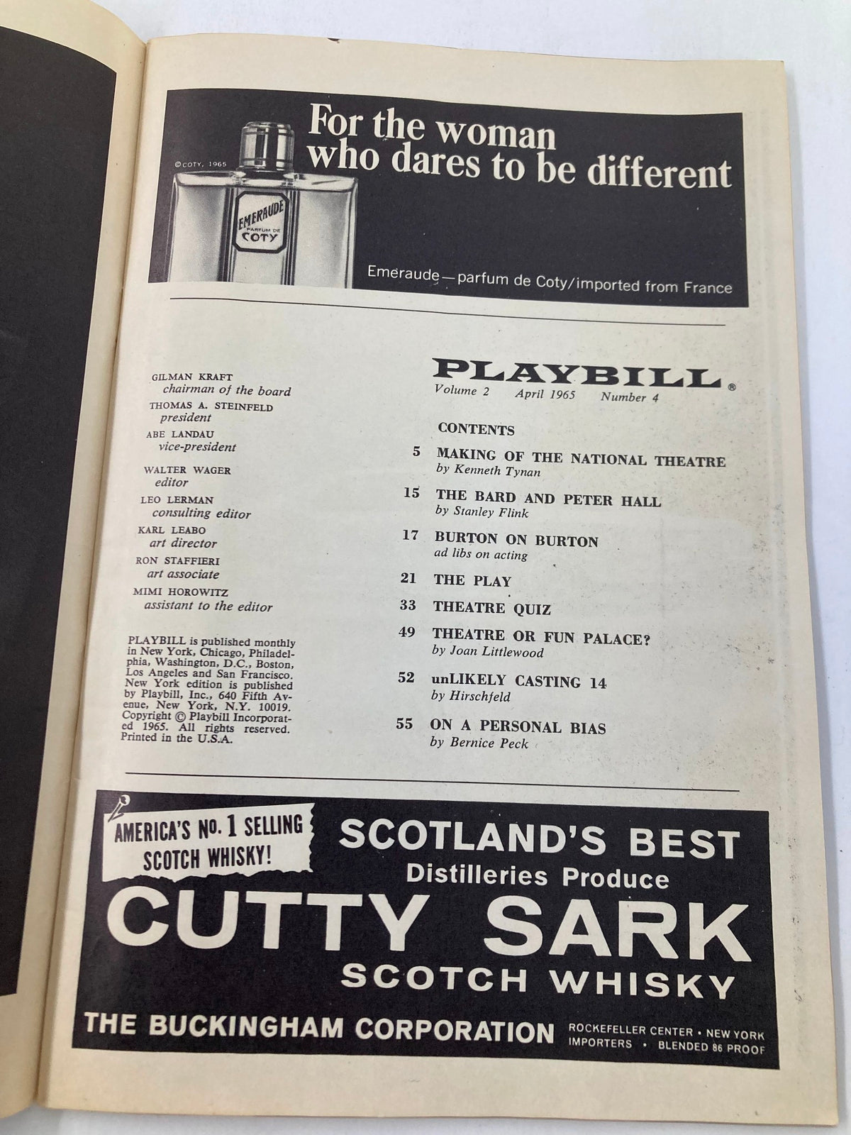Image of the 1965 Playbill from The Booth Theatre featuring content like 'Making of the National Theatre' and advertising for Cutty Sark Scotch Whisky.