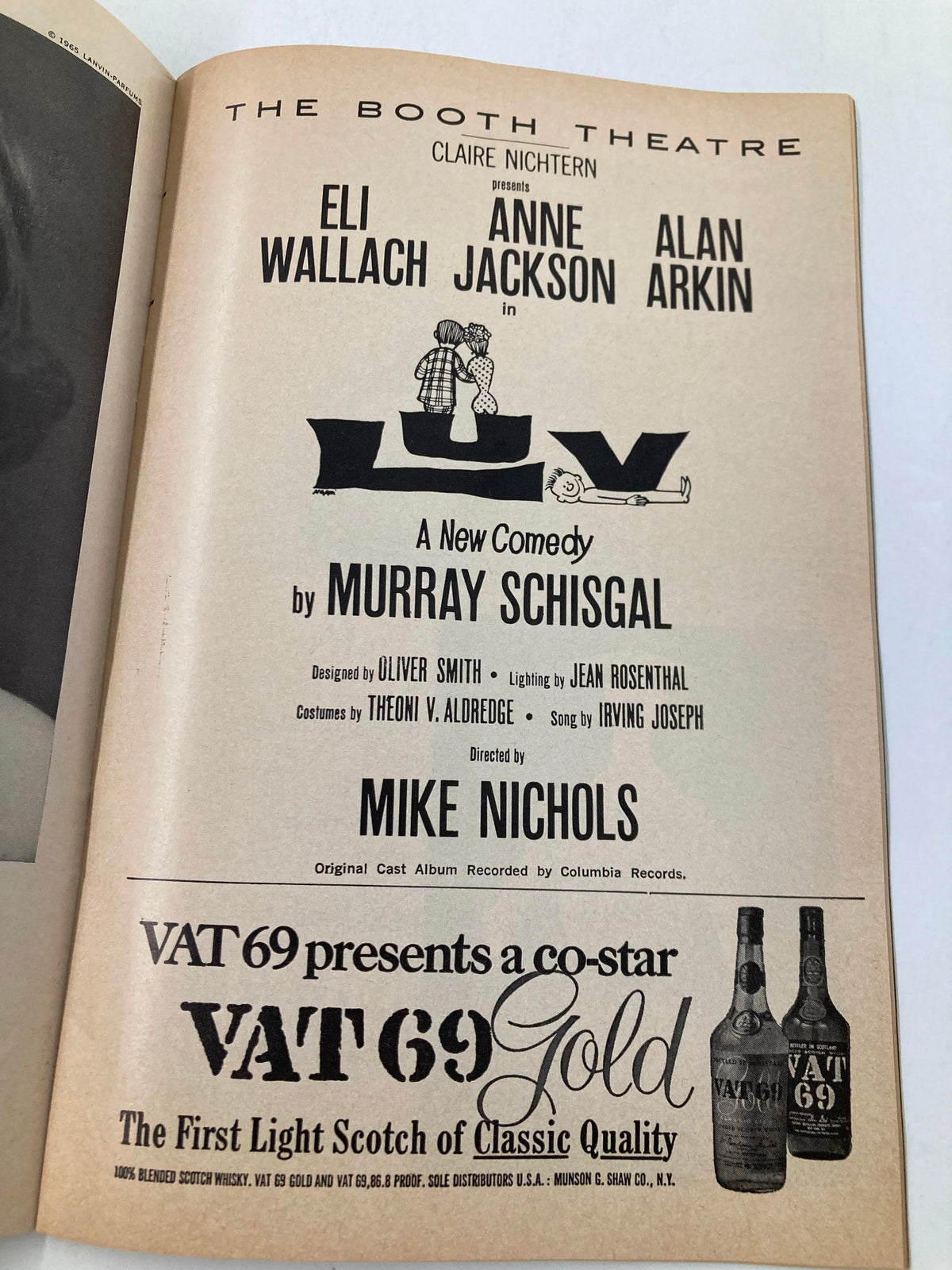 Image of the 1965 Playbill from The Booth Theatre showcasing Eli Wallach, Anne Jackson, and Alan Arkin in the comedy 'Luv,' written by Murray Schisgal.
