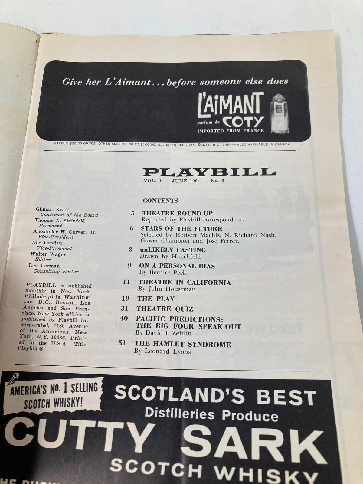 Inside page of the 1964 Playbill for A Funny Thing Happened On The Way To The Forum, showcasing the table of contents and dated information.