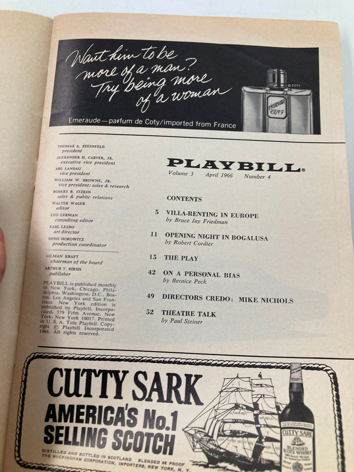 Interior page of the 1966 Playbill for Any Wednesday at George Abbott Theatre with contents listing and advertisements, reflecting the cultural allure of 1960s theatre.