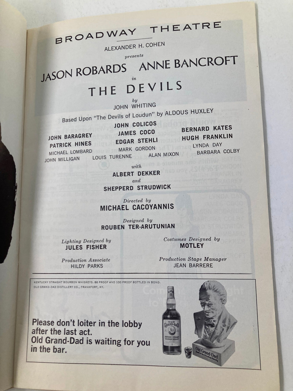 Another interior page of the 1965 Playbill for The Devils, featuring cast details with Jason Robards and Anne Bancroft, providing historical context for the performance.
