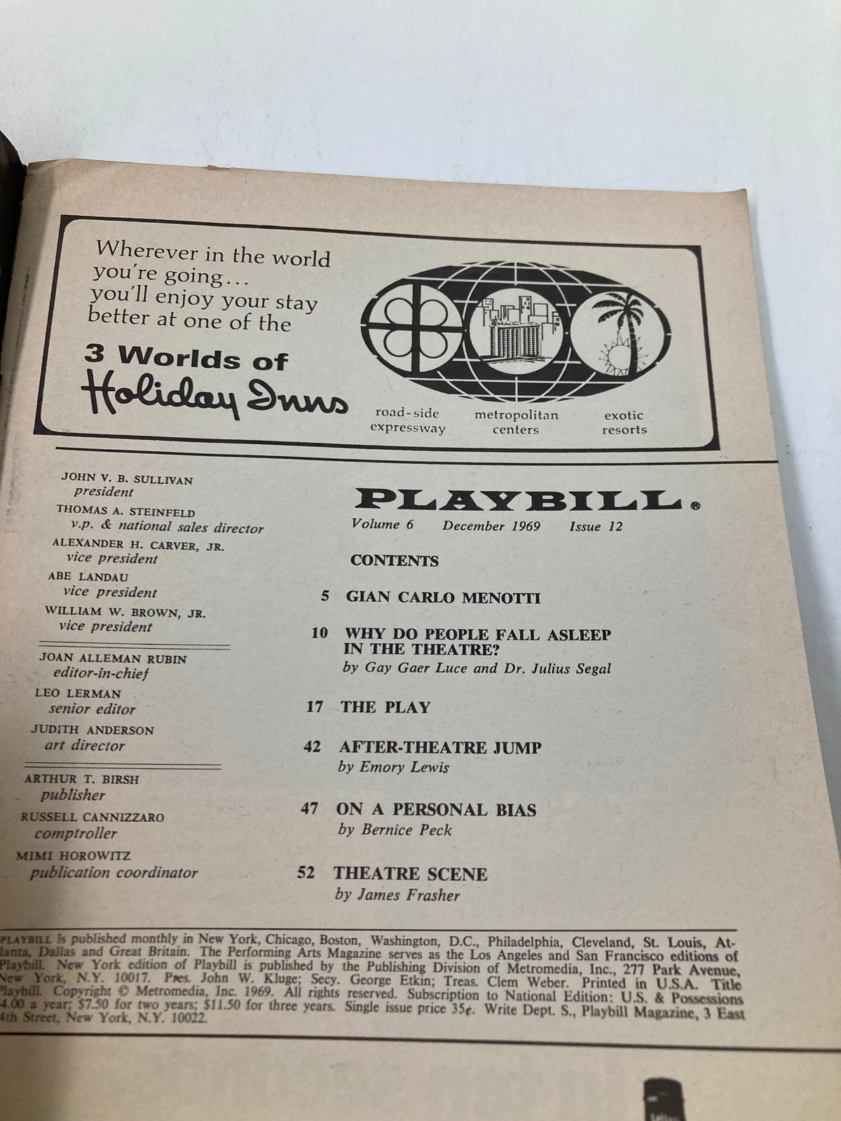 Inside page of the 1969 Playbill for Gian Carlo Menotti's Amahl and The Night Visitors, displaying the contents, including articles related to theater and performances.