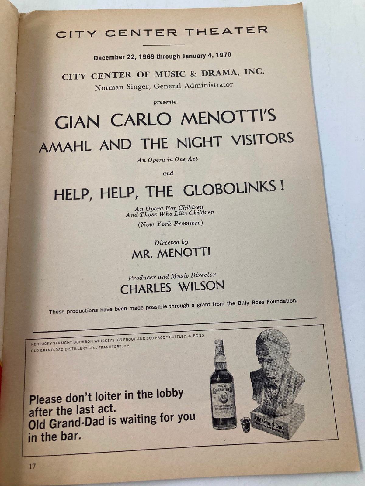 Another inside page of the 1969 Playbill for Gian Carlo Menotti's Amahl and The Night Visitors, showcasing the production details and information about related performances at the City Center Theater.