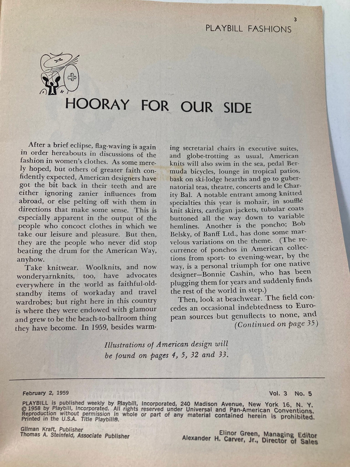 Interior page of a 1959 Playbill for The Broadhurst Theatre featuring a fashion section titled 'HOORAY FOR OUR SIDE', showcasing designs and American influences.
