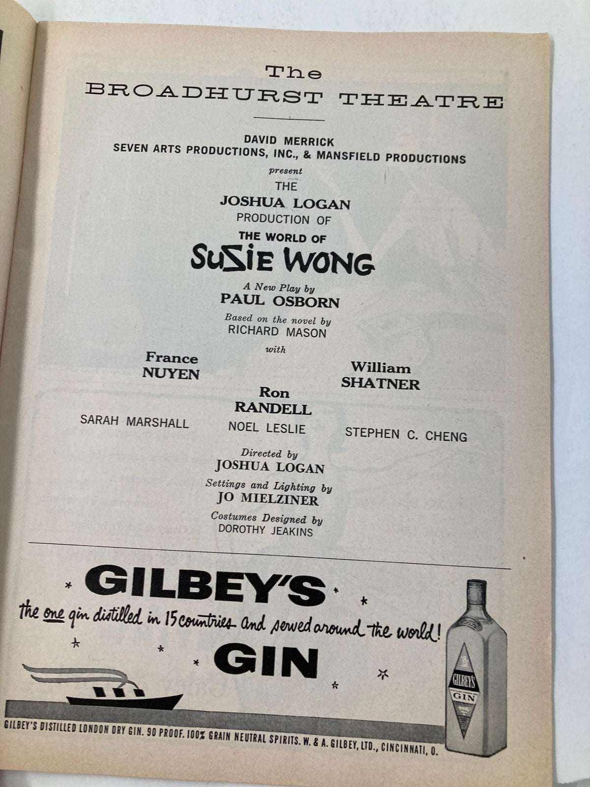 Interior page of the 1959 Playbill from The Broadhurst Theatre featuring France Nuyen in The World of Suzie Wong, highlighting the production details including director and cast.