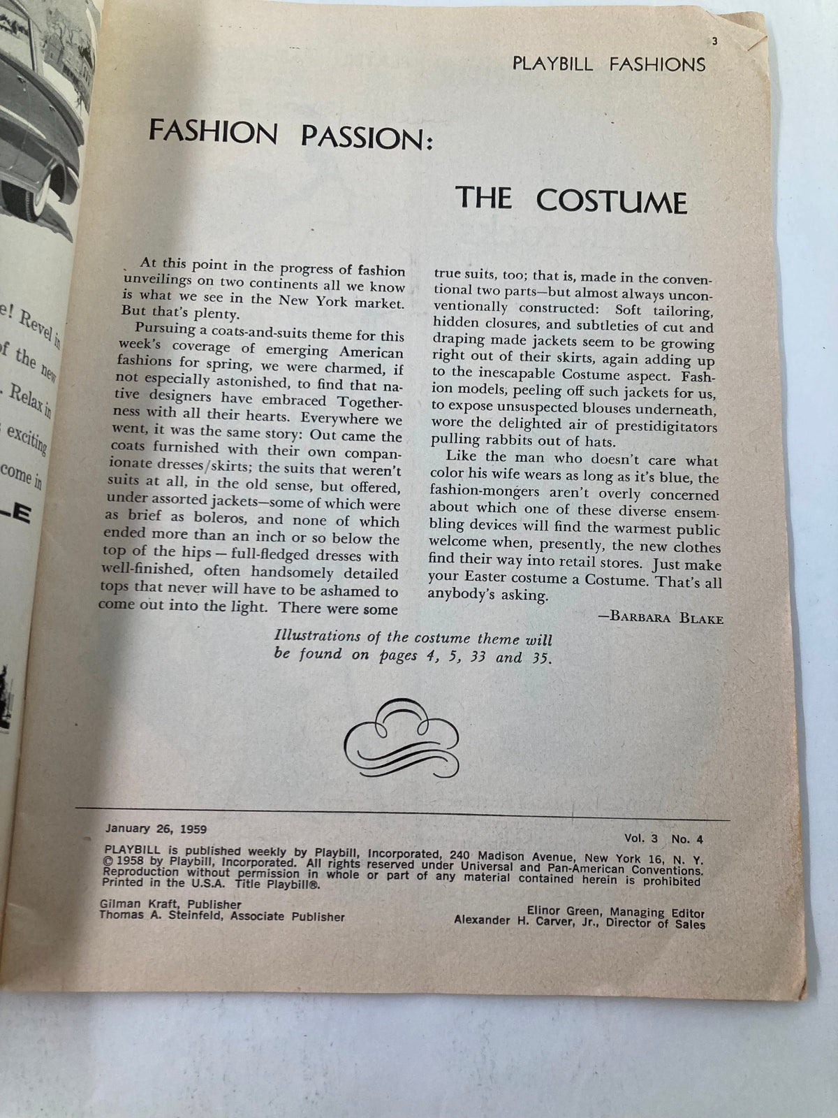 Inside page of the 1959 Playbill for My Fair Lady showcasing fashion trends with a discussion on costuming, marking its relevance in theater history.