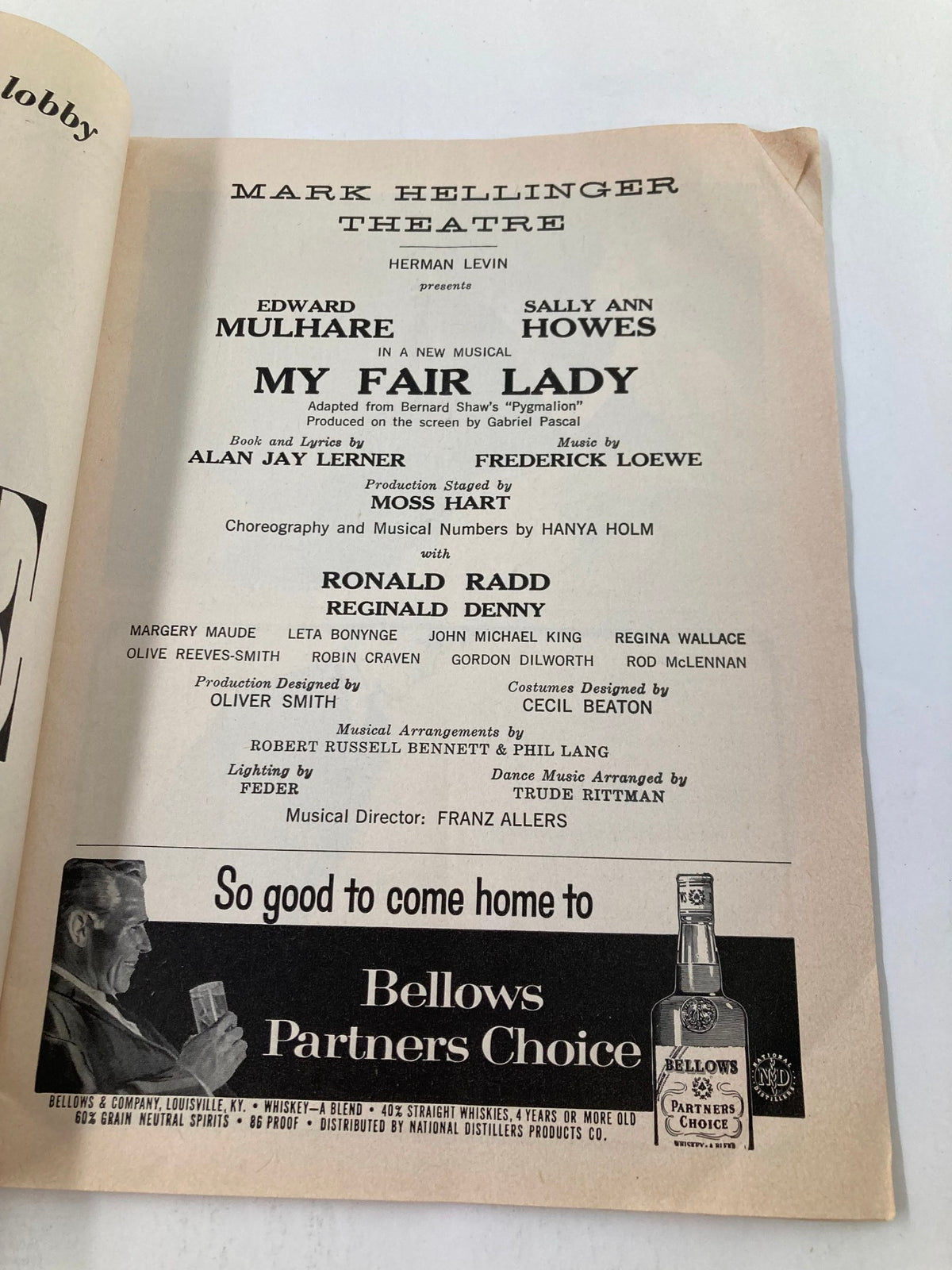 Another inside page of the 1959 Playbill for My Fair Lady featuring cast and crew details, including Sally Ann Howes, highlighting its significance as a collectible theater item.