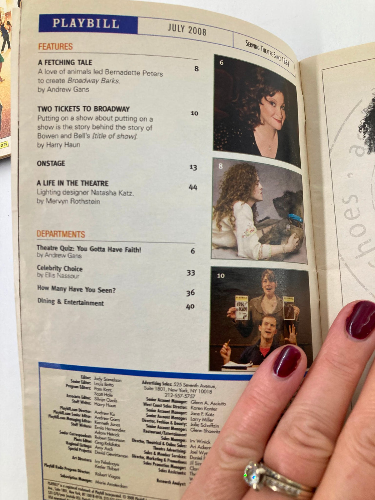 Interior page of the July 2008 Playbill from Richard Rodgers Theatre, listing articles and features including a fetching tale and two tickets to Bernadette Peters.