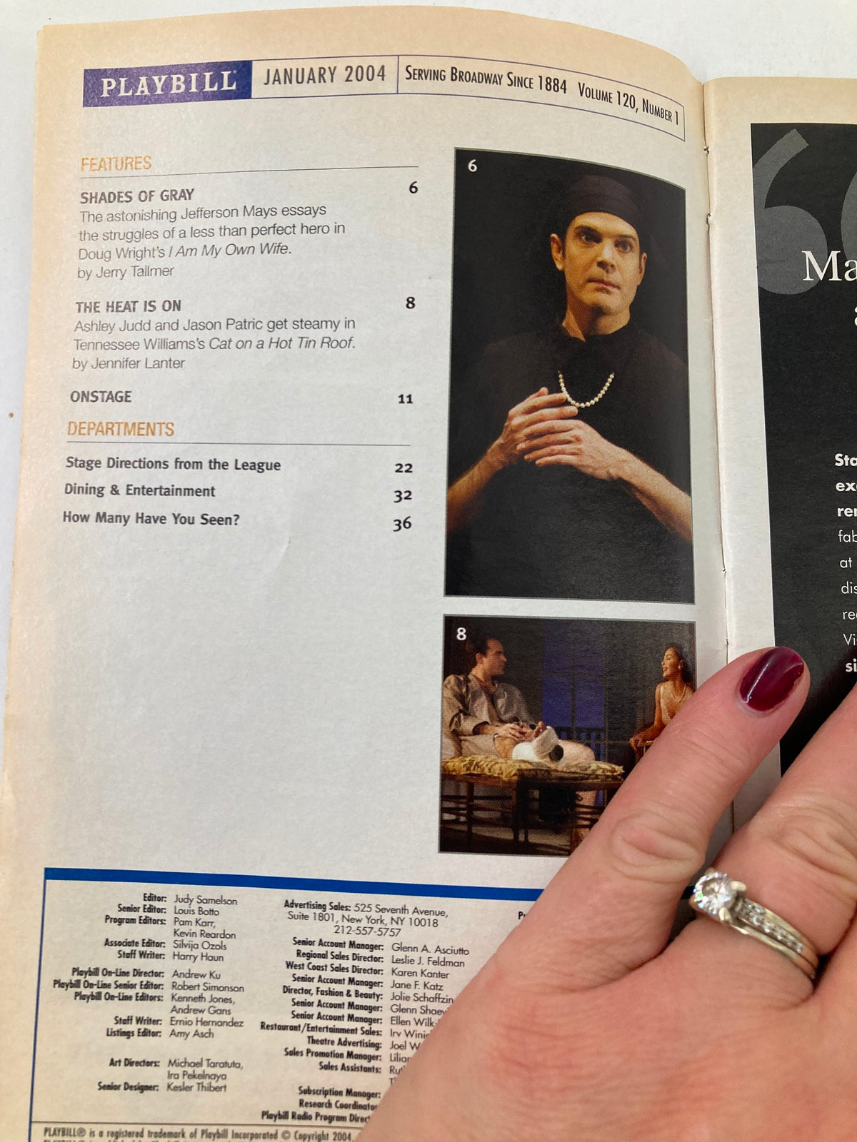 Inside page of the 2004 Vol 120 #1 Playbill showcasing features and articles related to Wicked, including performance information and cast details.