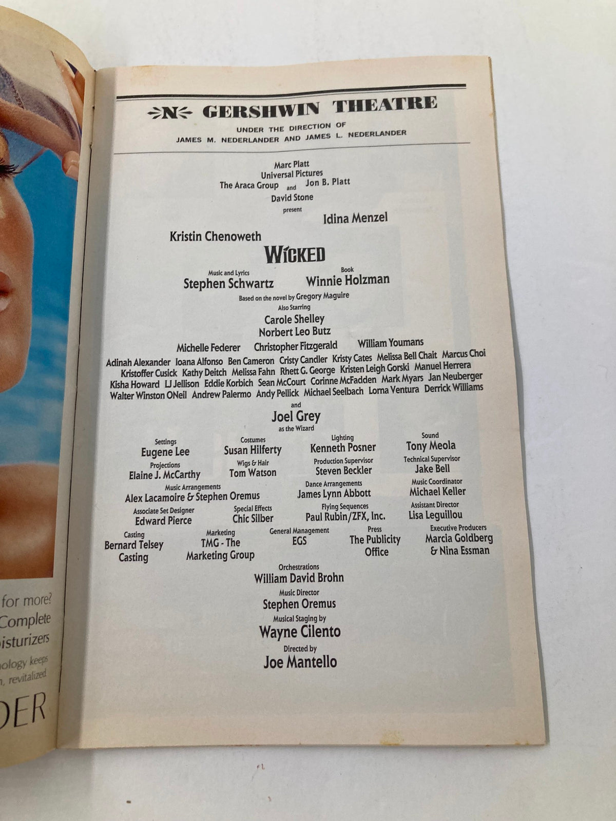 Interior page of the 2004 Vol 120 #1 Playbill featuring the cast list for Wicked starring Kristin Chenoweth at the Gershwin Theatre.