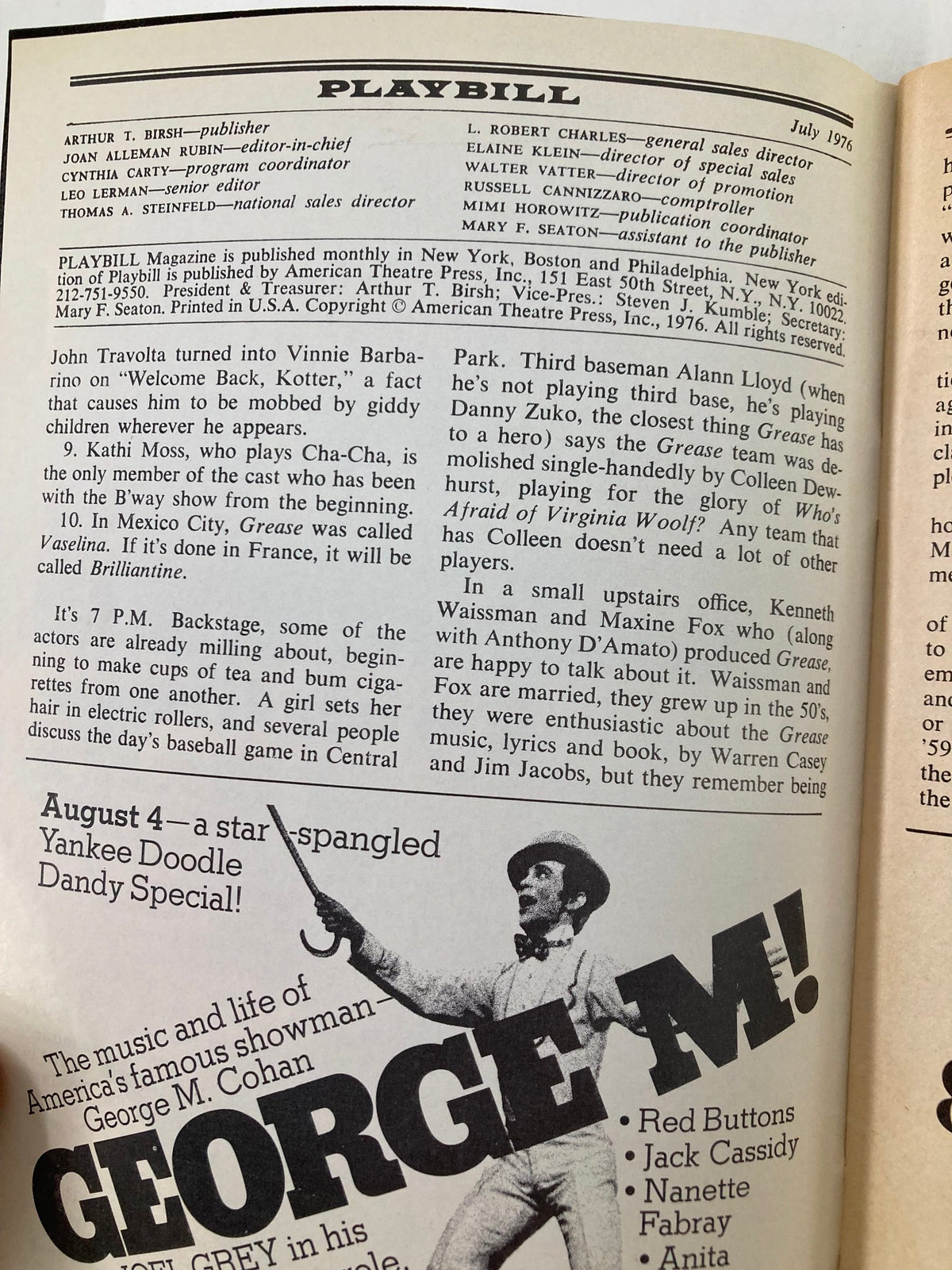 Interior page of the 1976 Vol 120 #1 Playbill showcasing various advertisements and articles related to theatre, including a note about the upcoming production of Equus.