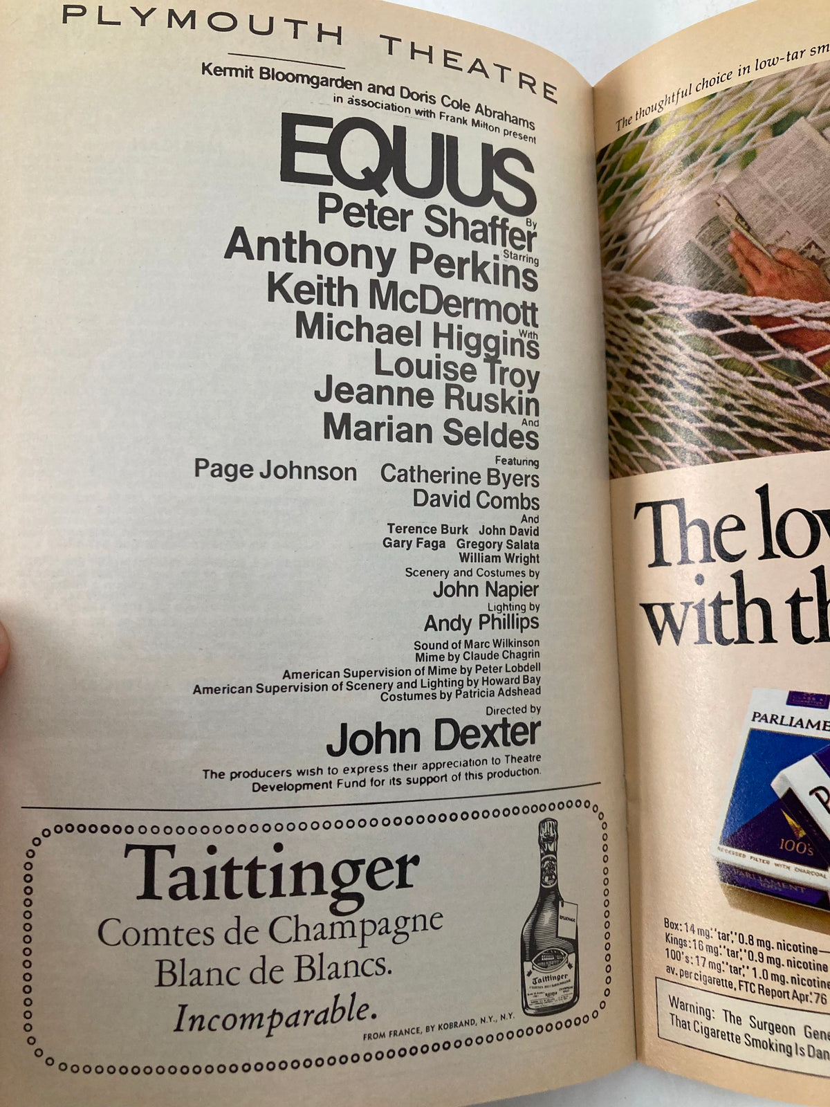 Interior page of the 1976 Vol 120 #1 Playbill featuring the cast list for Equus, including Anthony Perkins, at Plymouth Theatre, along with a Taittinger Champagne advertisement.