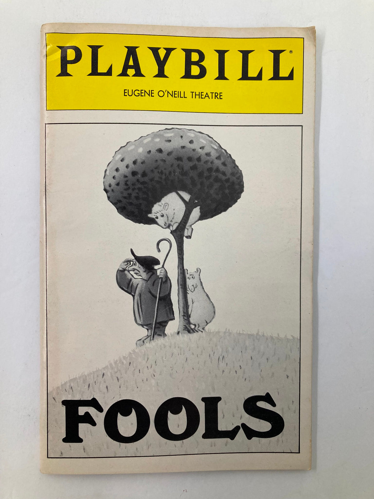 1981 Playbill for Neil Simon's 'Fools' at Eugene O'Neill Theatre featuring whimsical illustration and vibrant yellow header. Vintage theater program in good condition with protective covering.