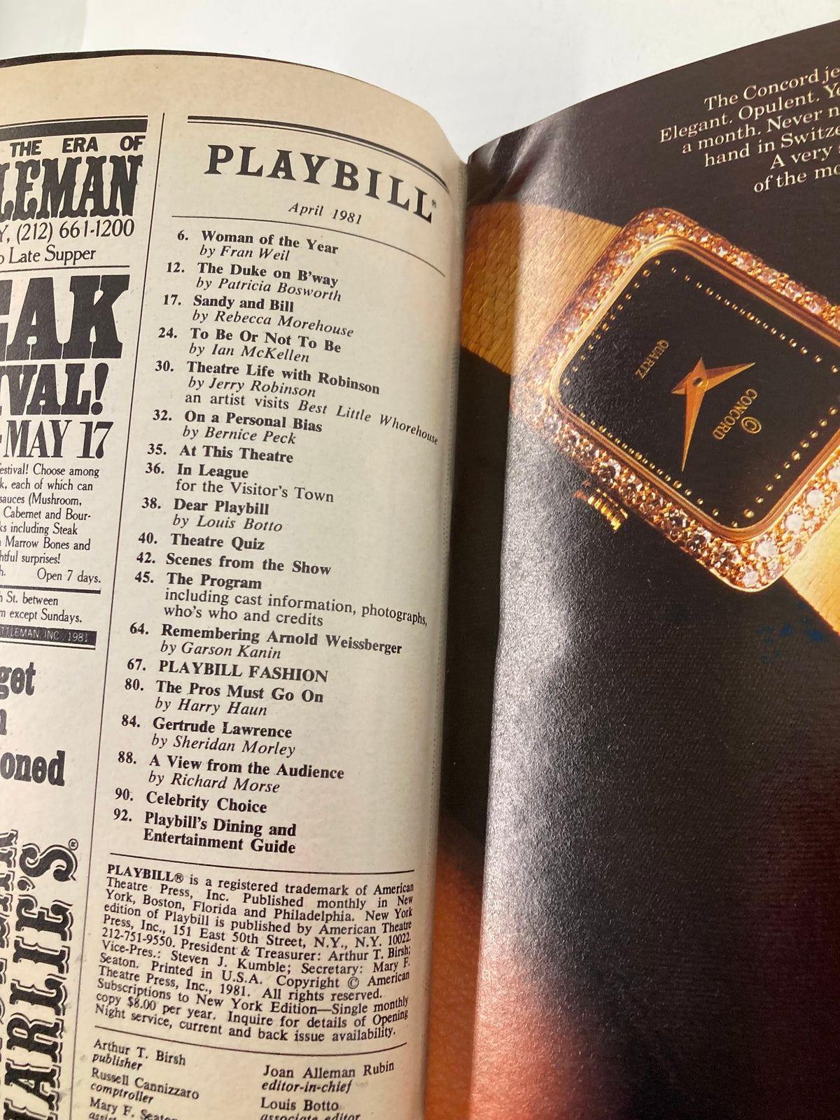 1981 Playbill for Neil Simon's 'Fools' featuring John Rubenstein, showcasing events listed on the inside cover including 'Woman of the Year' and 'The Duke on B'way'.
