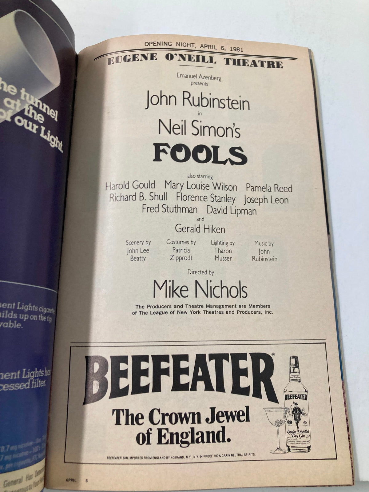 Opening night details for Neil Simon's 'Fools' at the Eugene O'Neill Theatre, April 6, 1981, along with cast information including John Rubenstein and other notable actors.