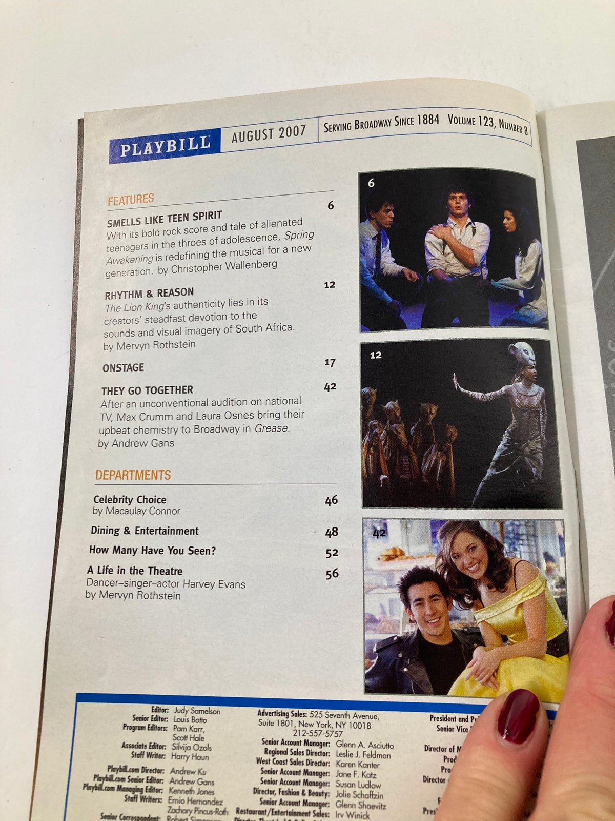 Inside page of the 2007 Playbill for Spring Awakening, showcasing features and details from the August 2007 edition.