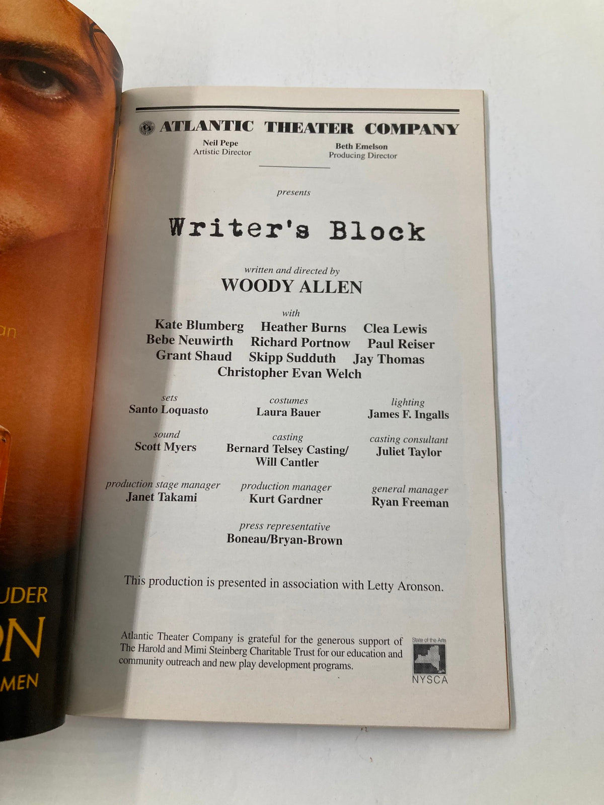 2003 Playbill from the Atlantic Theater Company featuring Kate Blumberg in Writer's Block, a production written and directed by Woody Allen, showcasing cast and crew details.