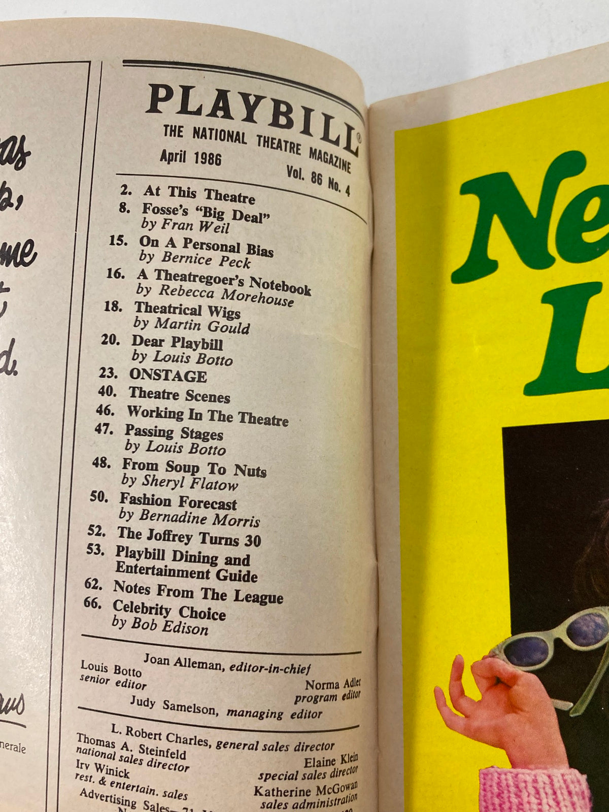 Inside spread of the 1986 Playbill for Ethel Barrymore Theatre, highlighting contents and features related to live theatre.