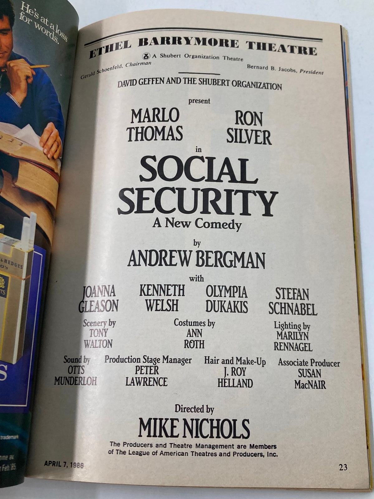Production details from the 1986 Playbill for Ethel Barrymore Theatre, featuring Marlo Thomas and Ron Silver in Social Security.