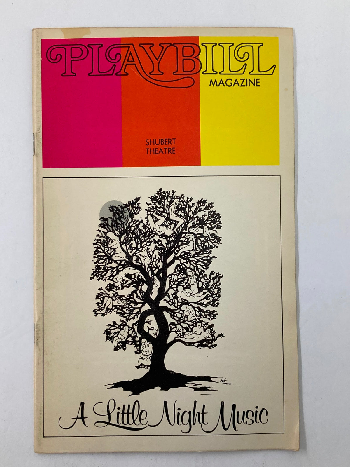 1973 Playbill for A Little Night Music at the Sam S. Shubert Theatre, featuring a vintage design with a stylized tree illustration.
