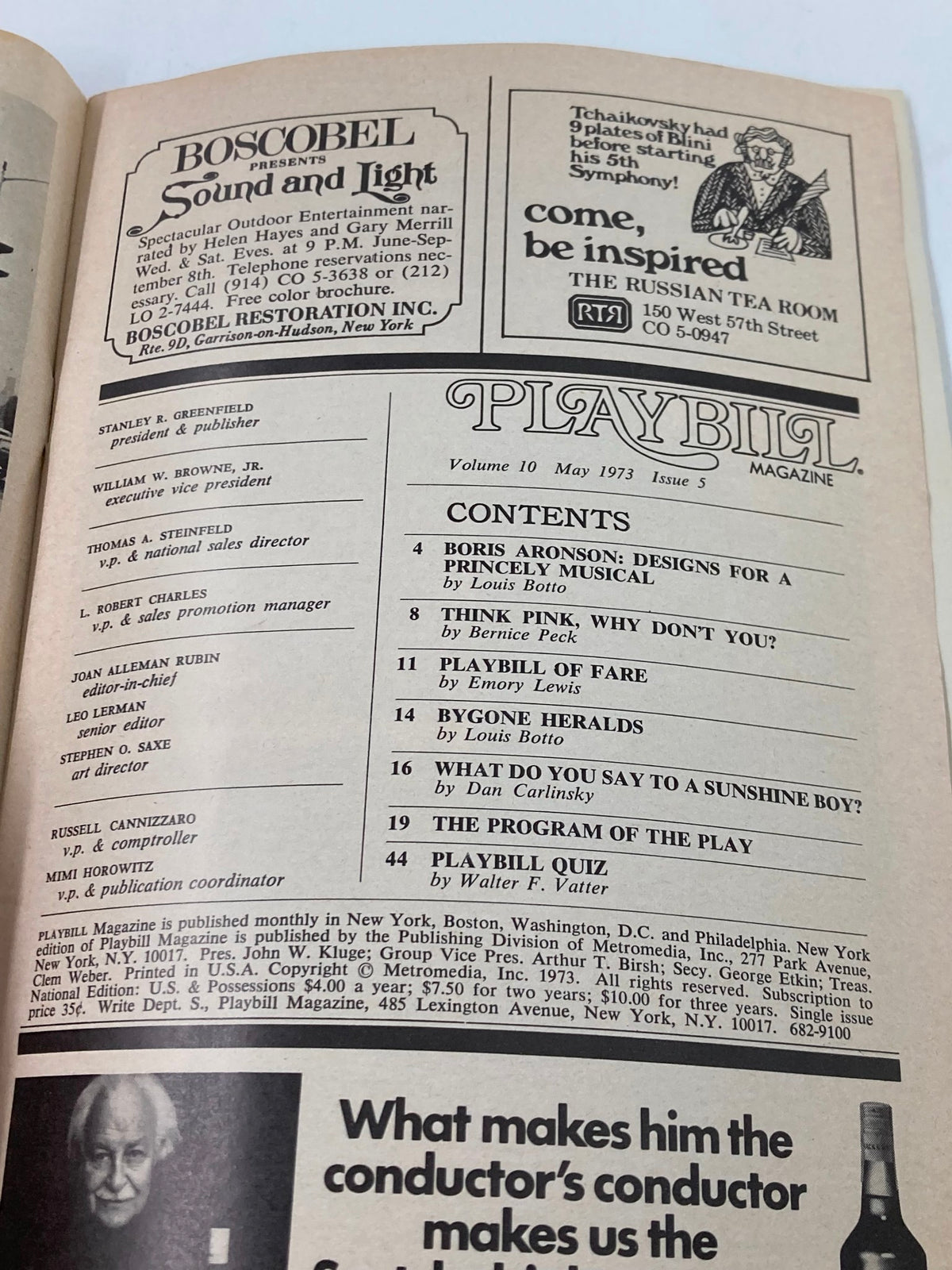 Inside page of the 1973 Playbill for A Little Night Music at Sam S. Shubert Theatre, featuring advertisements and program contents.
