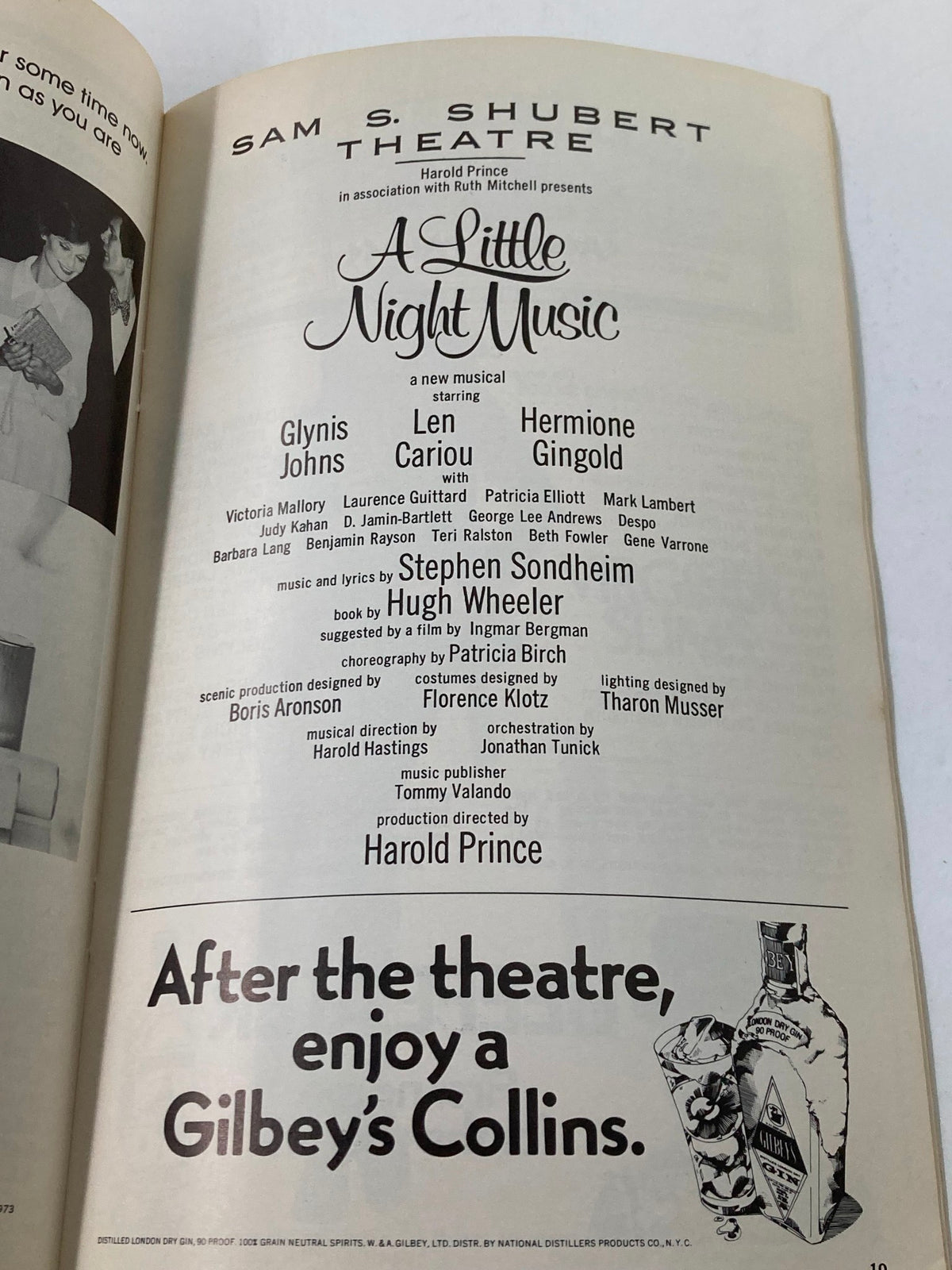 1973 Playbill for A Little Night Music at Sam S. Shubert Theatre featuring cast credits including Glynis Johns, Len Cariou, and Hermione Gingold.