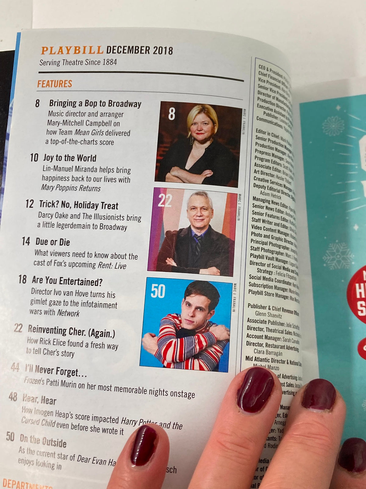Inside page of the 2018 Playbill New World Stages, December edition, highlighting features including profiles and topics related to Broadway, capturing the spirit of the theater community.