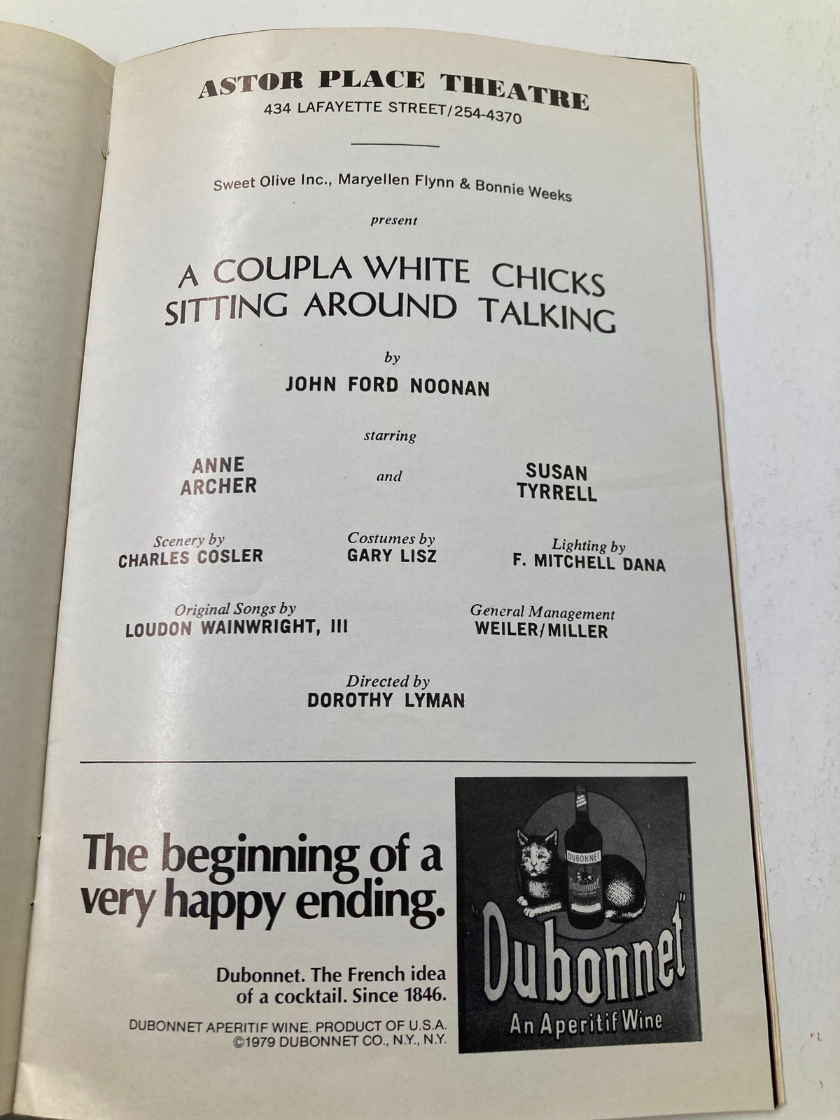 Inside view of the 1980 Showbill for 'A Coupla White Chicks Sitting Around Talking' at the Astor Place Theatre, detailing the cast and crew.