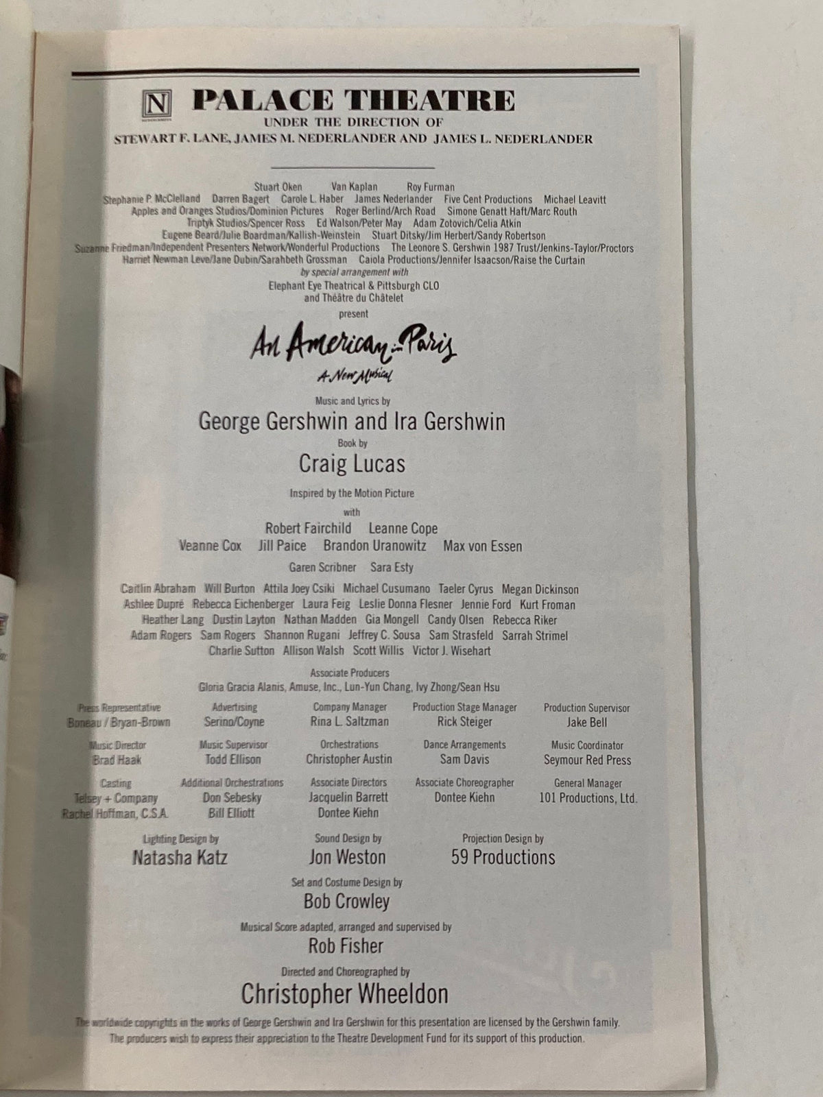 Inside page of the 2015 Playbill for An American in Paris, showcasing production credits and cast details.