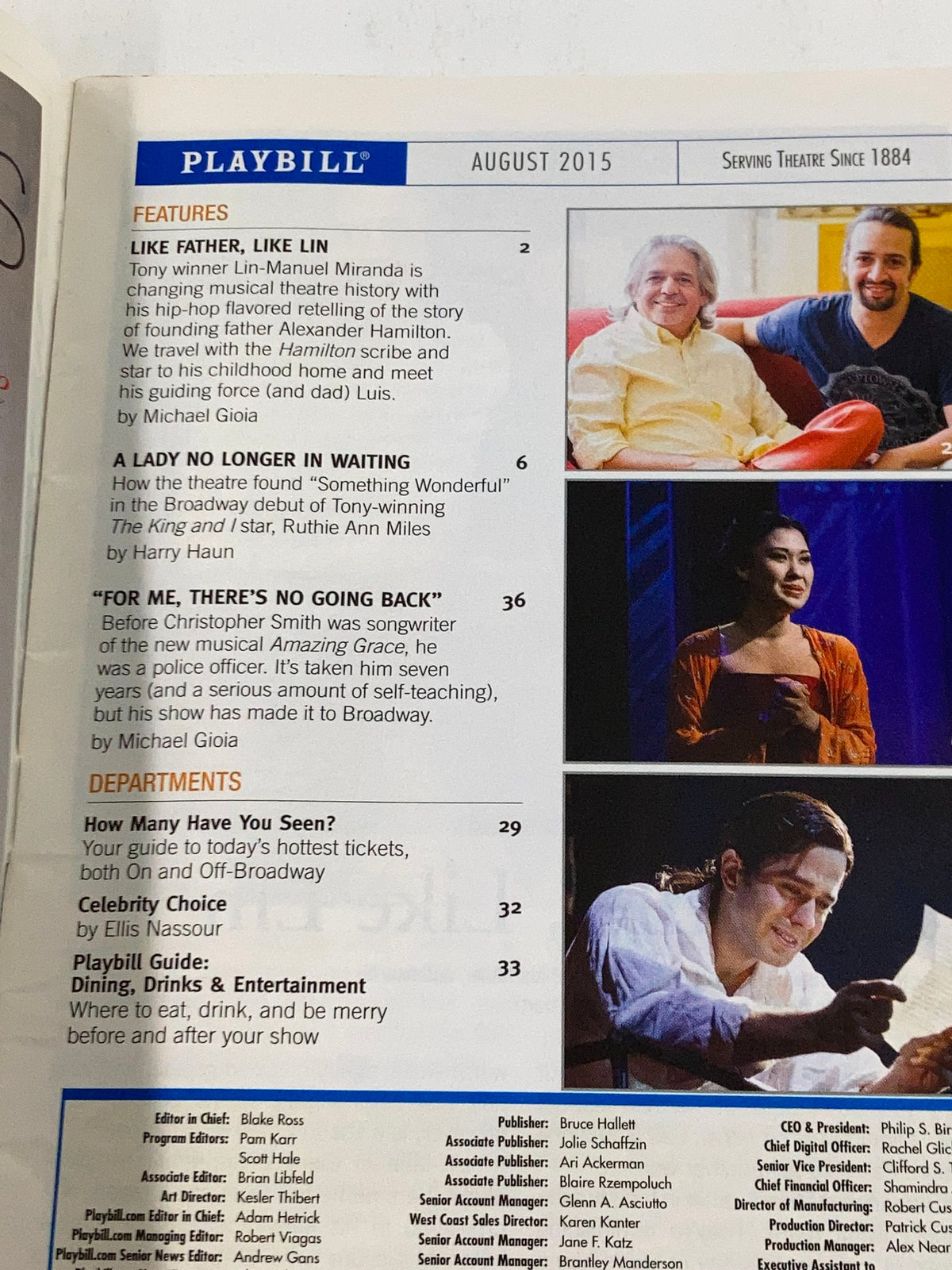 Back cover of the 2015 Playbill for An American in Paris, featuring articles and theater-related content.