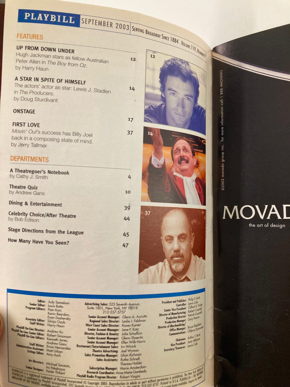 Inside of the 2003 Playbill showcasing a feature article section and prominent figures like Hugh Jackman and Billy Joel.