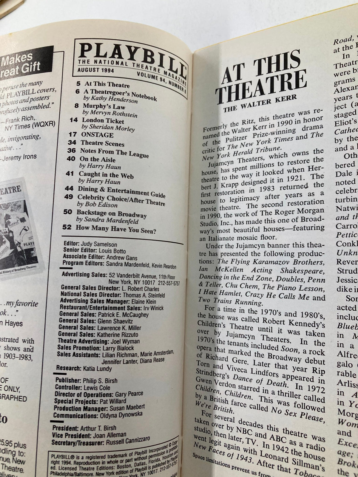 1994 Playbill for Perestroika, Angels in America by Tony Kushner featuring a detailed page titled 'At This Theatre,' highlighting the Walter Kerr Theatre's history and upcoming performances.