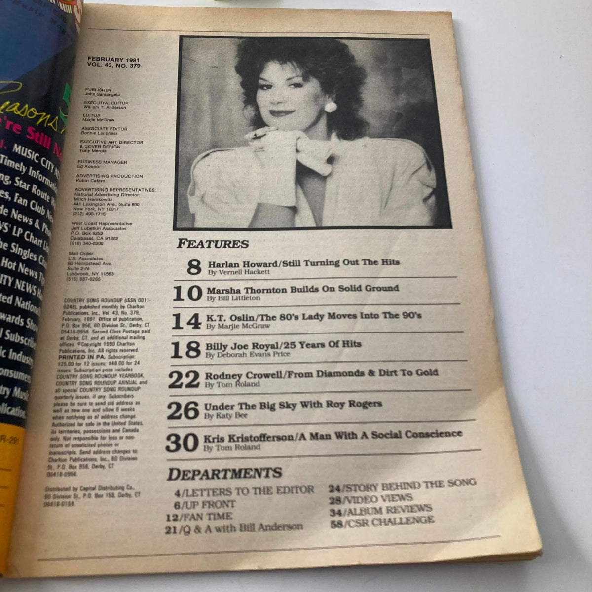 Inside page of Country Song Roundup Magazine February 1991 showing the features list, including articles about K.T. Oslin, Billy Joe Royal, and other country music topics.