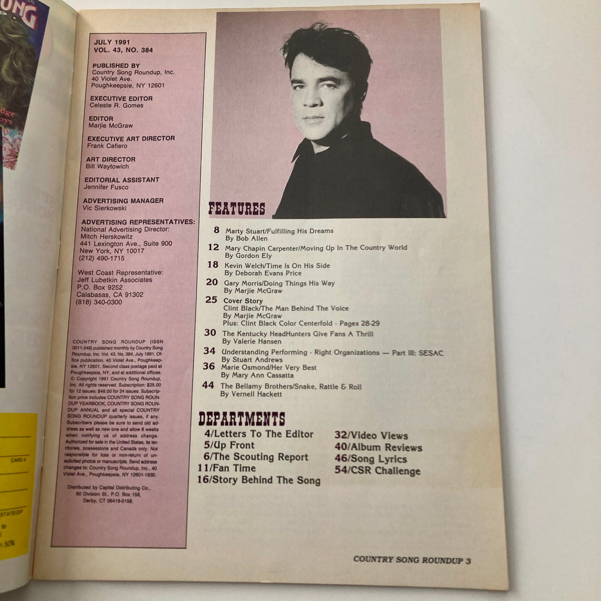 Inside page of Country Song Roundup Magazine July 1991, detailing features and articles including Clint Black and country music updates.