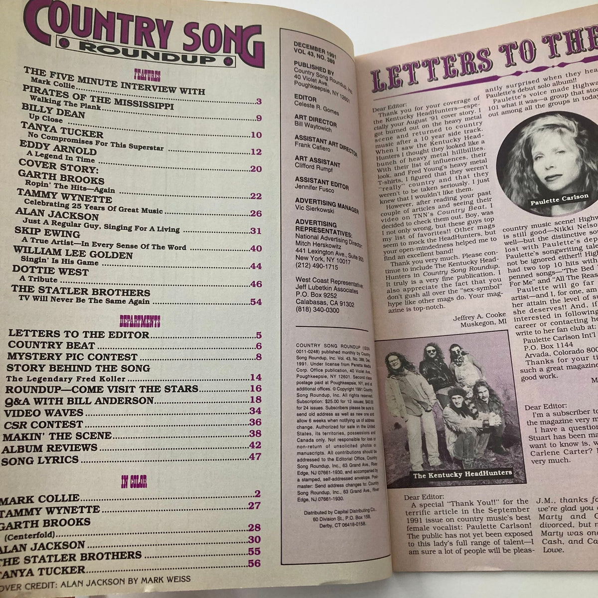 Inside view of Country Song Roundup Magazine December 1991, displaying the table of contents and highlights of featured articles and artists.