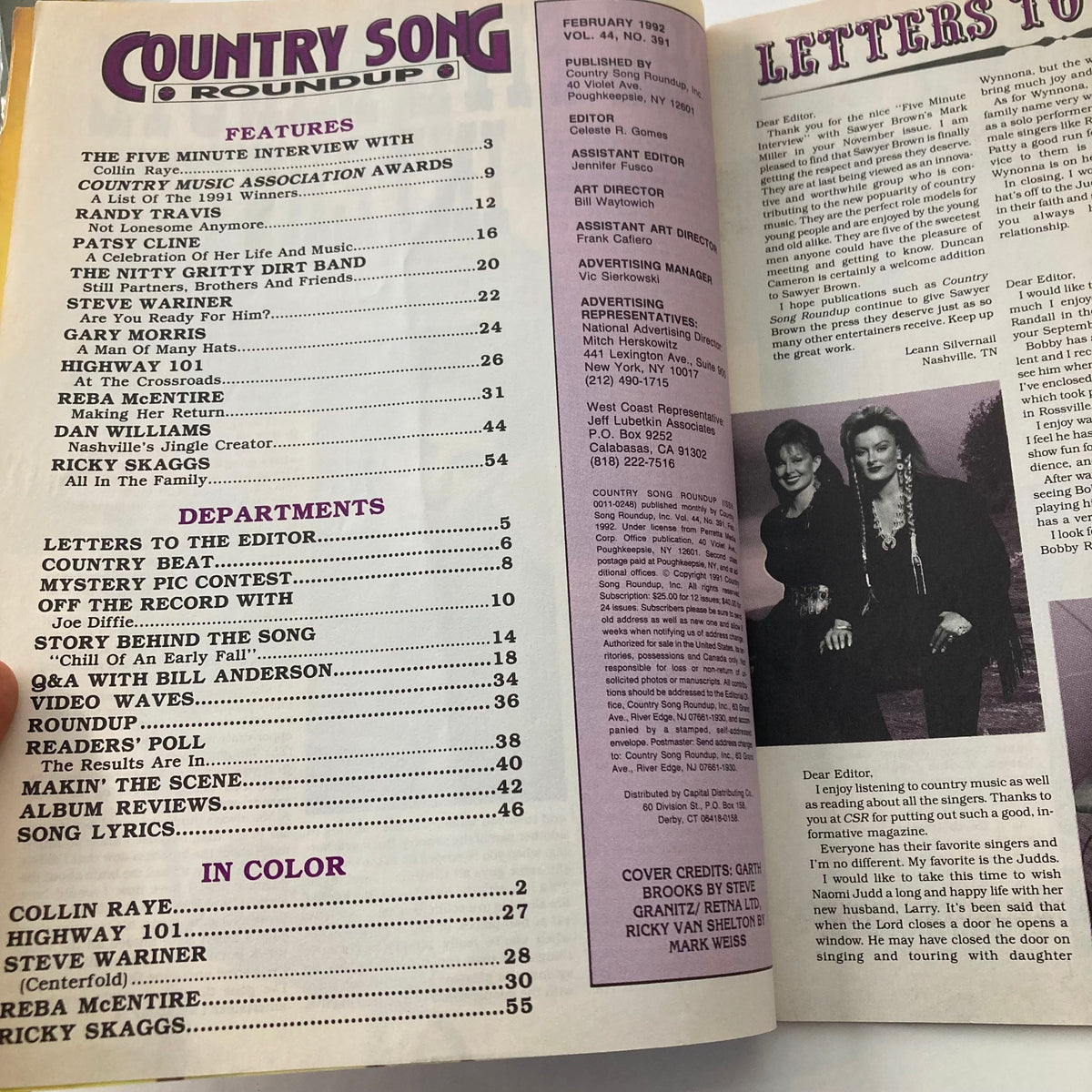 Interior page of Country Song Roundup Magazine, February 1992, featuring articles and features from iconic country stars including Reba McEntire and Garth Brooks.
