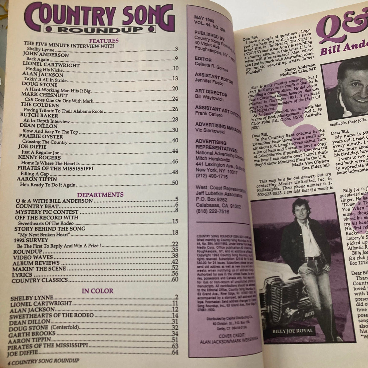 Interior page of Country Song Roundup Magazine May 1992 showing contents and features including interviews and articles about various country music artists.