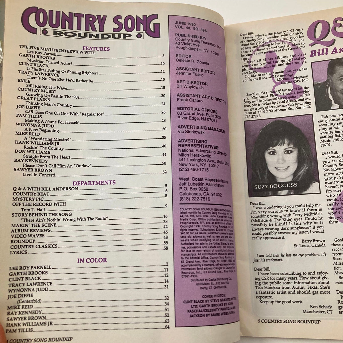 Inside page of the Country Song Roundup Magazine June 1992, detailing features and interviews with artists like Garth Brooks and Clint Black, highlighting significant cultural moments in country music history.
