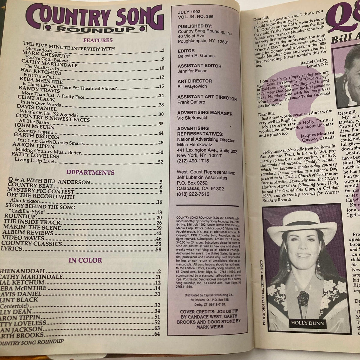 Interior page of the July 1992 Country Song Roundup Magazine showcasing the table of contents, featuring articles and interviews related to country music artists, including a Q&A section with Bill Anderson.