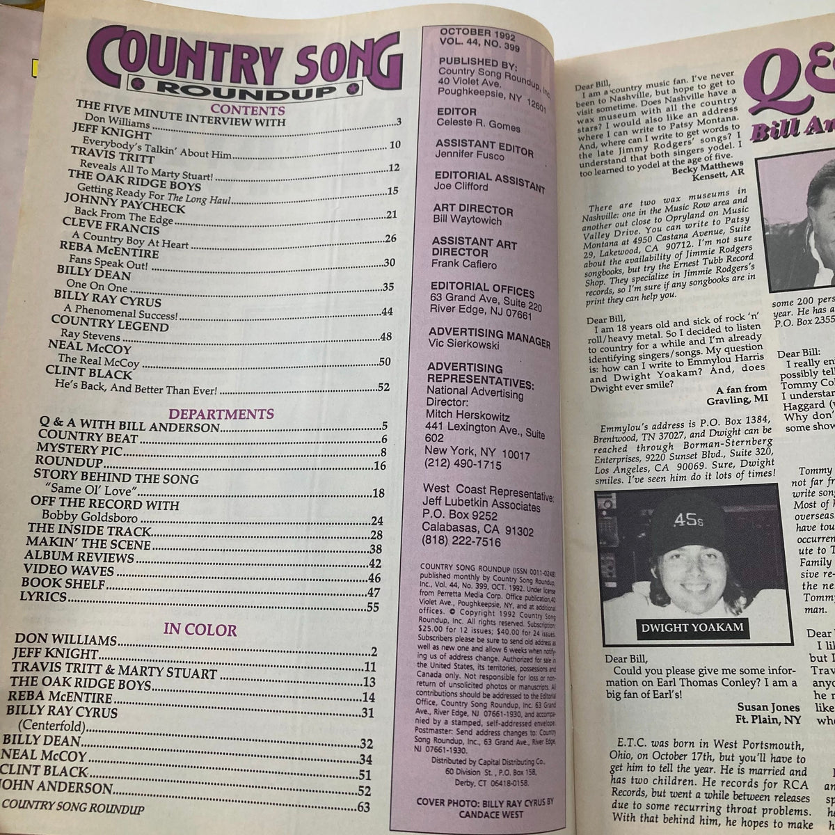 Country Song Roundup Magazine October 1992 featuring contents page including articles on Billy Ray Cyrus and Don Williams, showcasing interviews and highlights from the country music scene.