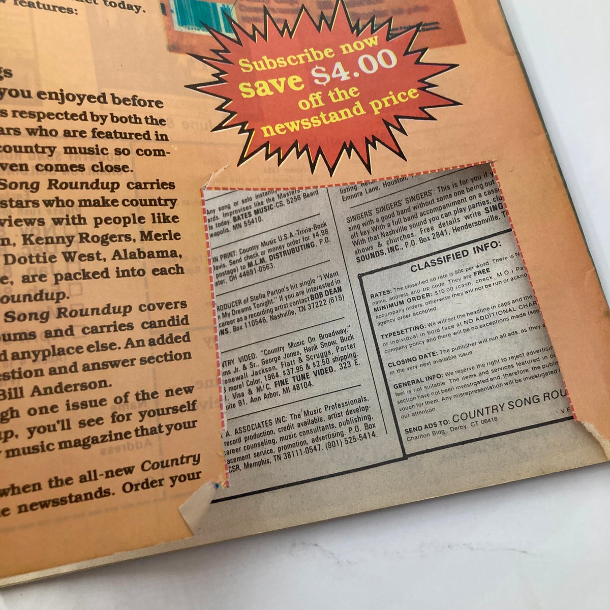 Back cover of VTG Country Song Roundup Magazine January 1986, showcasing a subscription offer and classified information related to country music.