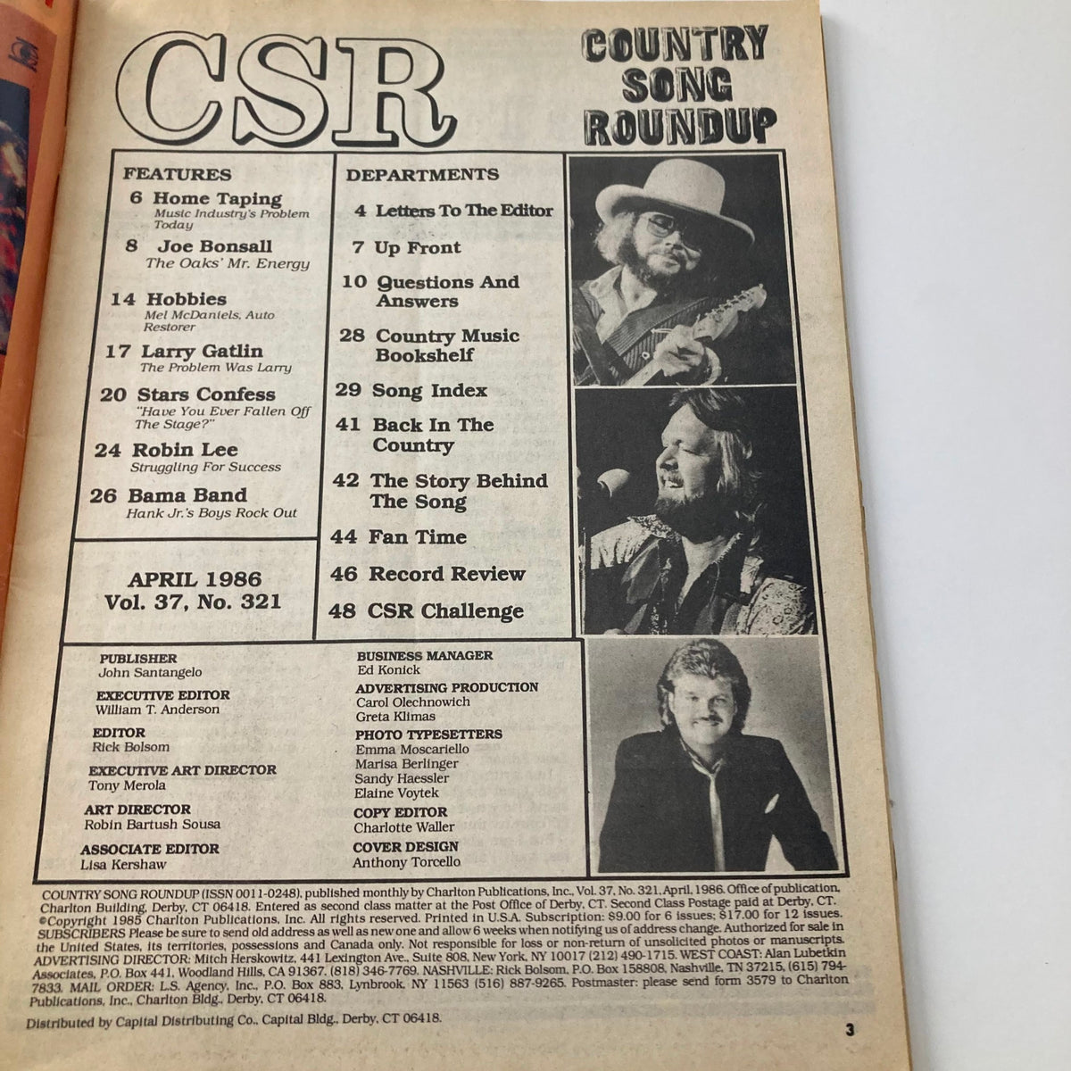 Contents page of Country Song Roundup Magazine April 1986, detailing features on Joe Bonsall and other country music artists, reflecting the magazine's focus on the music scene.