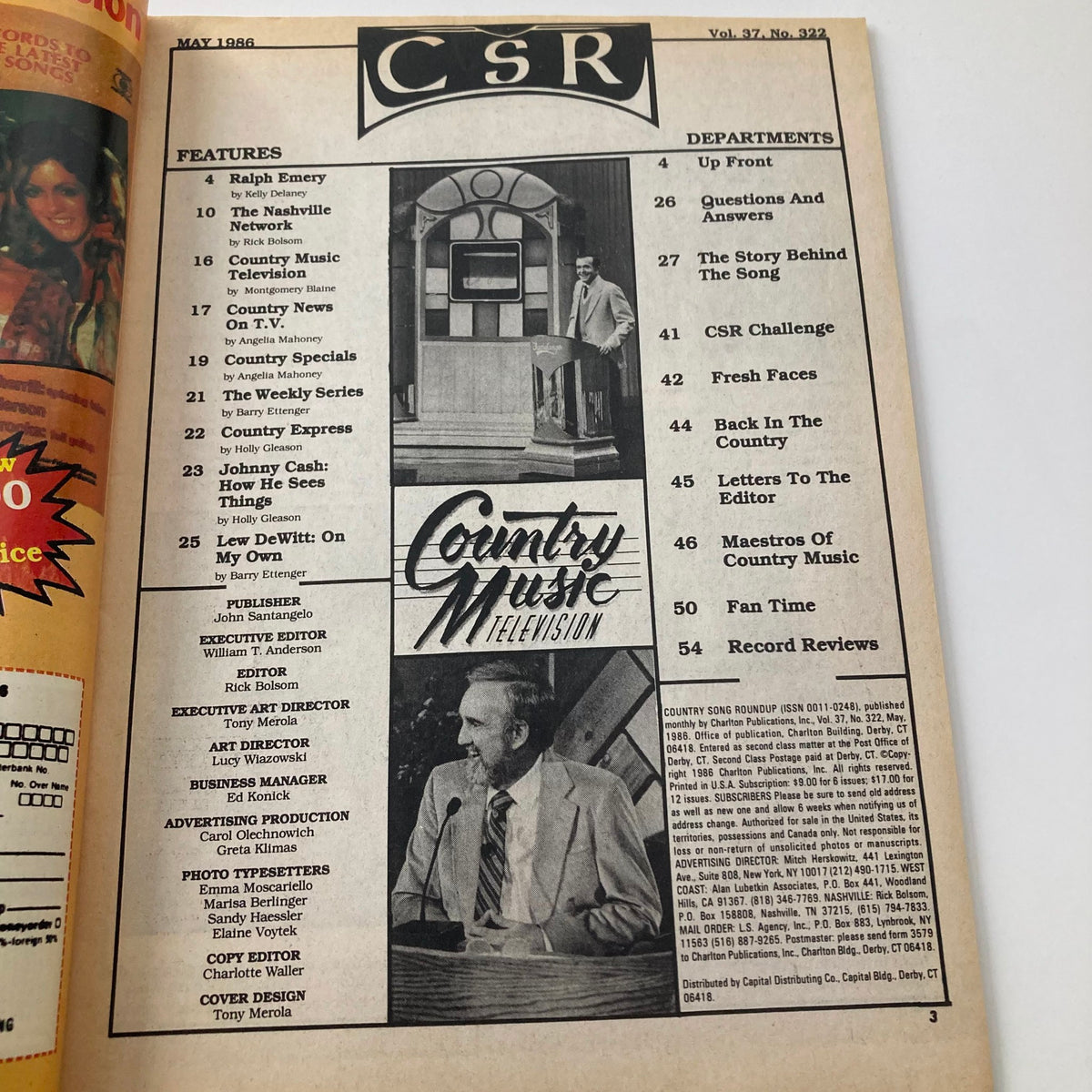 Interior page from Country Song Roundup Magazine - May 1986 showcasing contents and features including Ralph Emery, Johnny Cash, and a spotlight on Country Music Television.