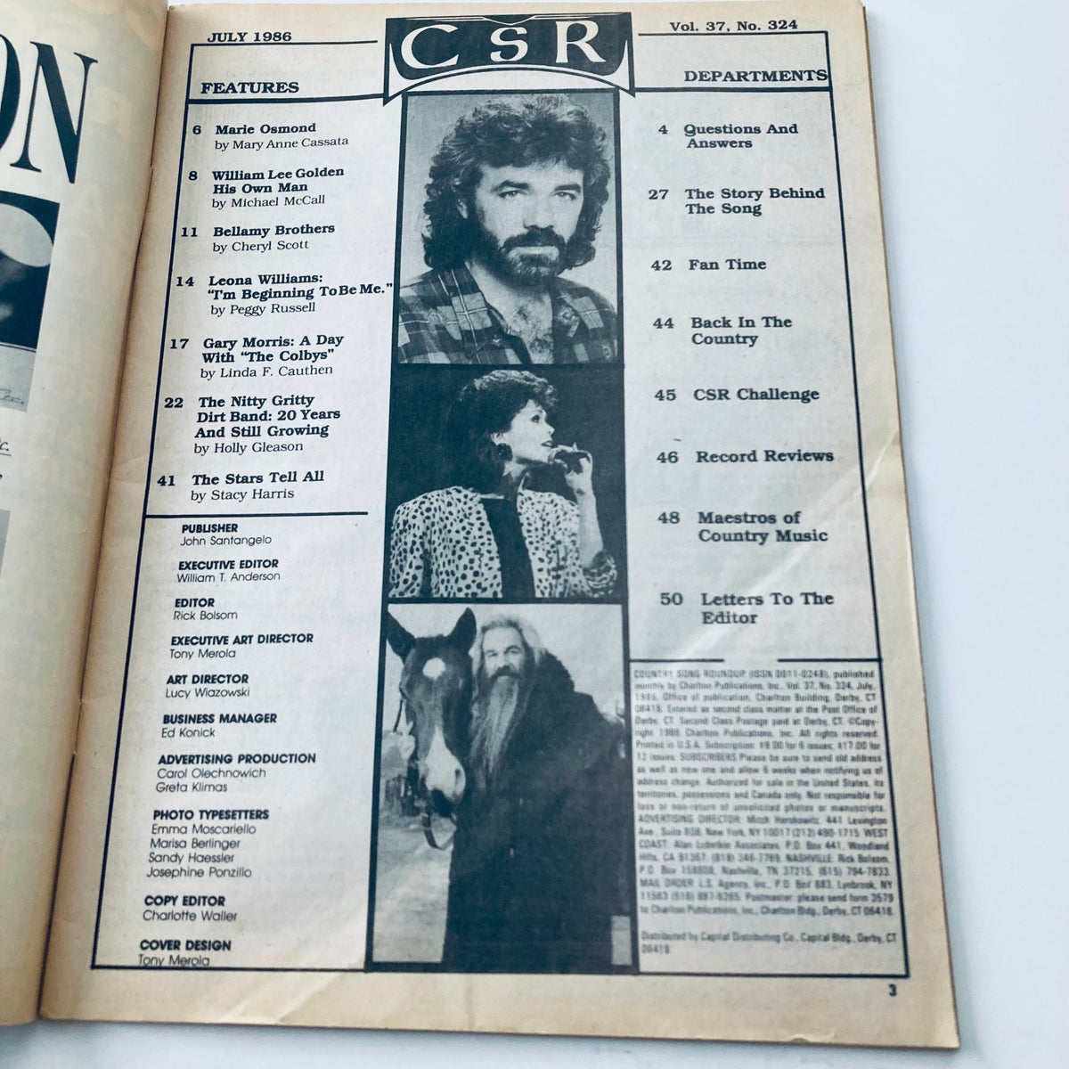 Page from the VTG Country Song Roundup Magazine July 1986 featuring a list of articles and features including Garry Morris's exclusive piece 'A Day with The Colbys', and contributors like Marie Osmond and Leona Williams. This collectible vintage magazine provides insights into 1980s country music culture.