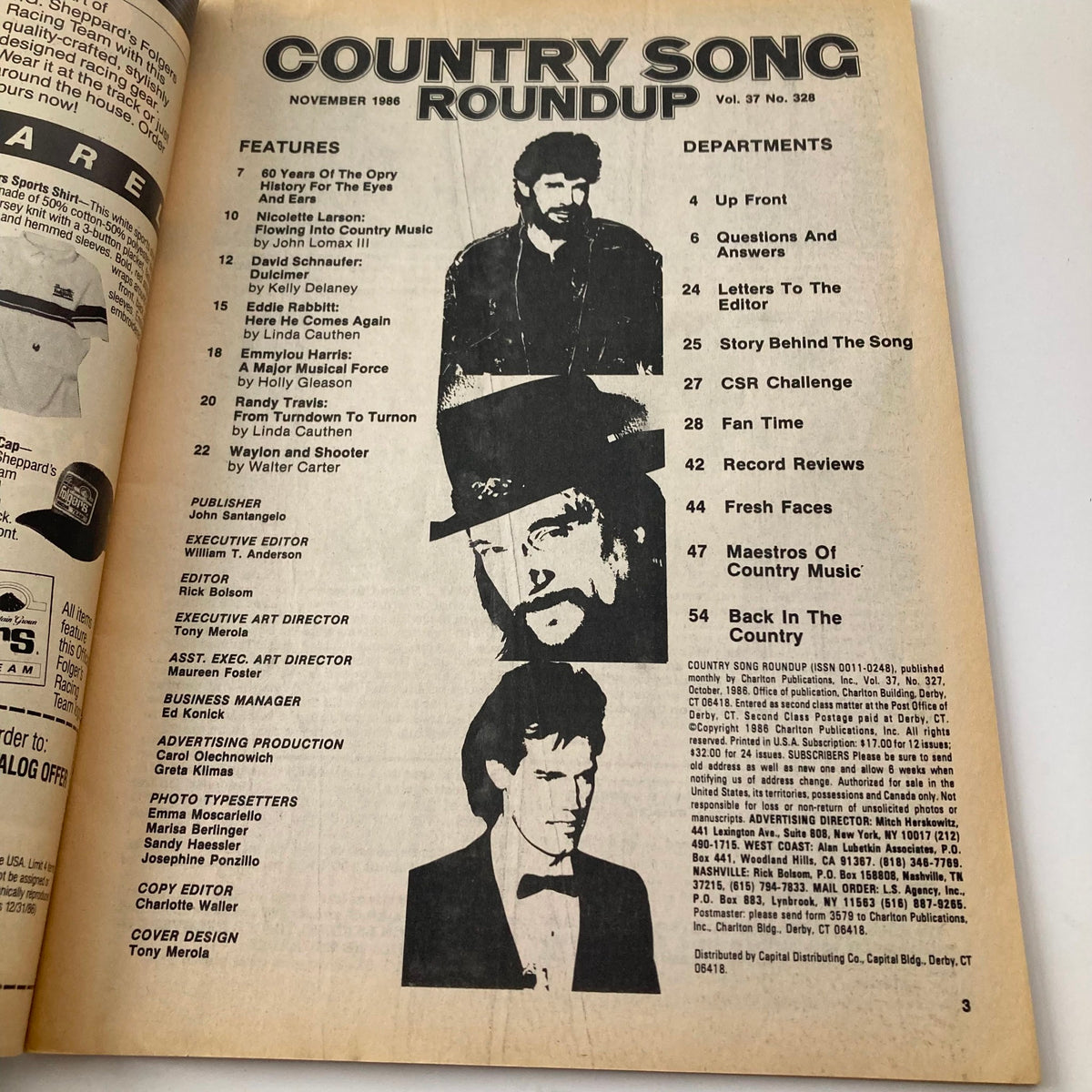 Inside page of VTG Country Song Roundup Magazine November 1986 displaying the contents list and featured articles, highlighting Waylon and Shooter.