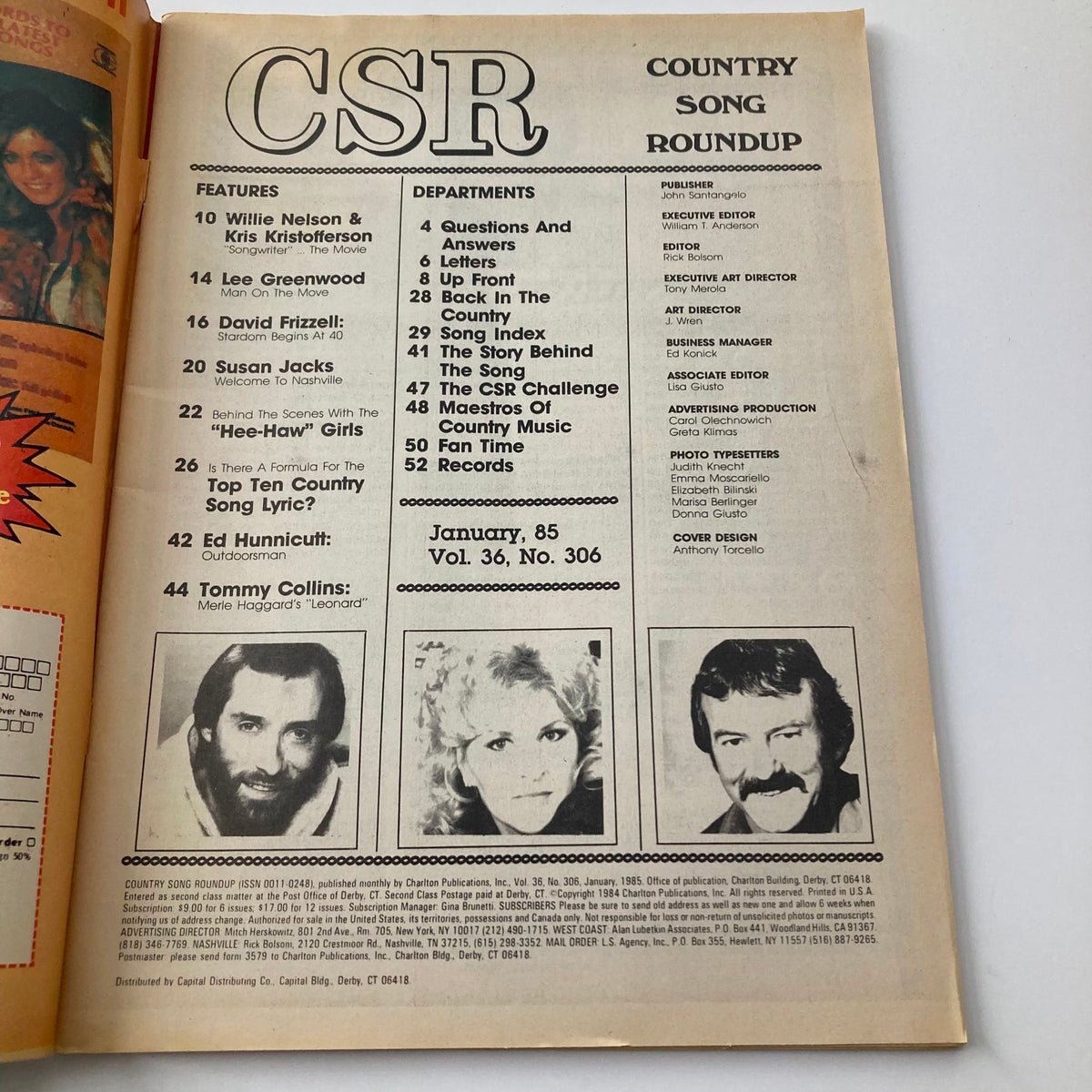 Page from Country Song Roundup magazine January 1985 featuring contents list with articles about Willie Nelson, Kris Kristofferson, and other country music icons. This vintage magazine captures the essence of country music's golden age.