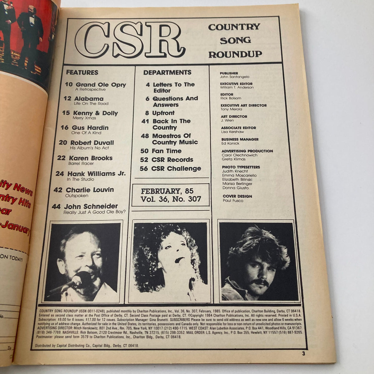 Inside page of VTG Country Song Roundup Magazine February 1985, showcasing features and departments including articles on country music legends and various topics related to the genre.